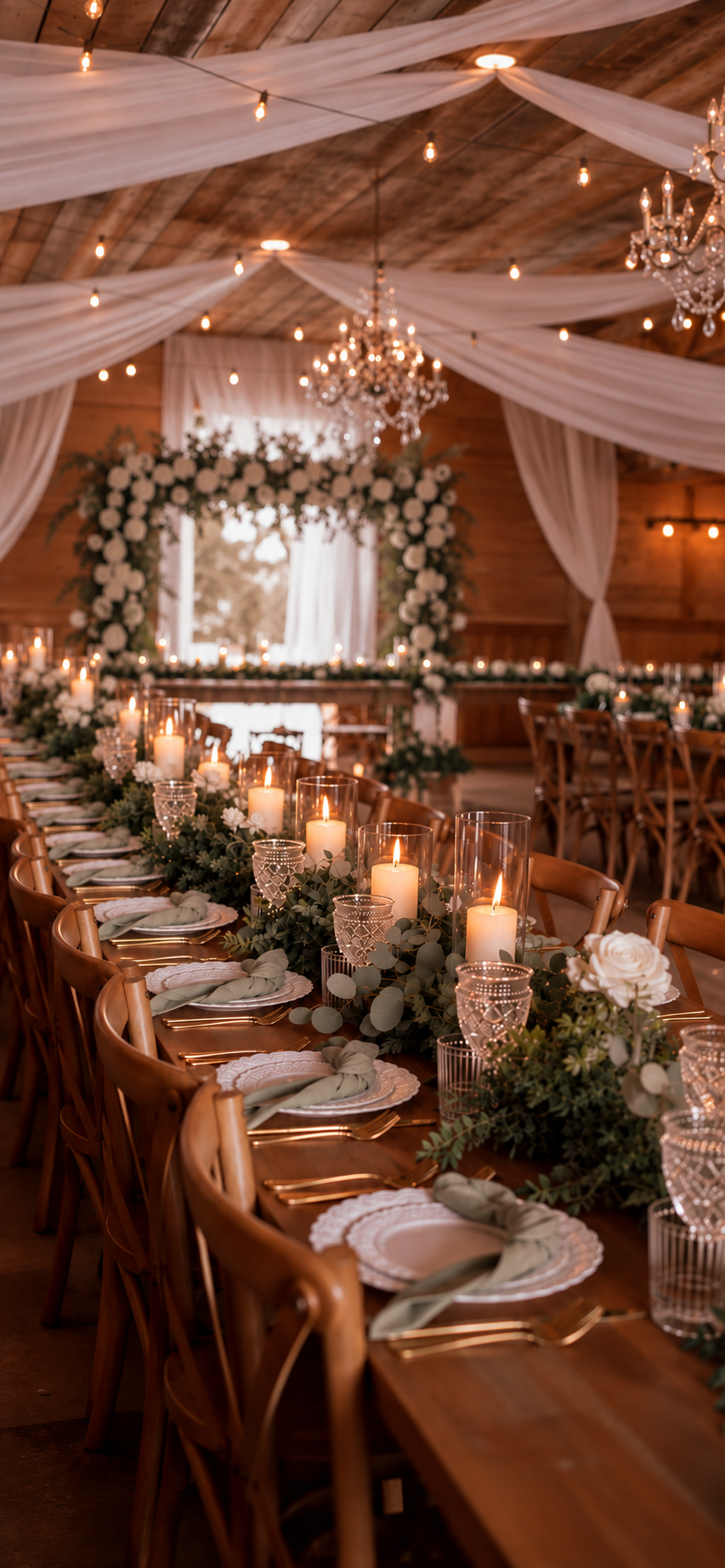 Barn wedding reception with a long candlelit table, crystal chandeliers, white draping and a floral arch