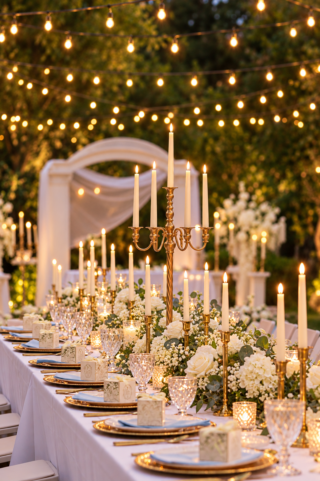 Outdoor evening reception with a long white table, gold candelabras with lit tapers, white florals and greenery, gold-rimmed chargers, pale blue napkins, string lights overhead and a draped arch behind