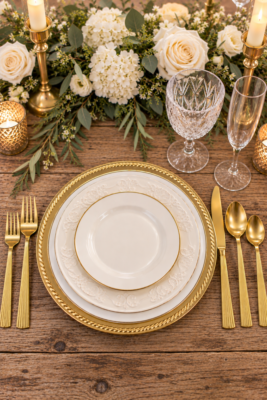 Styled place setting with layered white plates, gold flatware, and crystal glassware