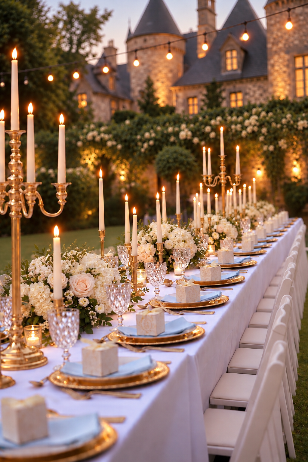 Long outdoor wedding banquet table set with gold candelabras, white taper candles, blush and white florals, gold charger plates, and light blue napkins in front of a stone castle at dusk