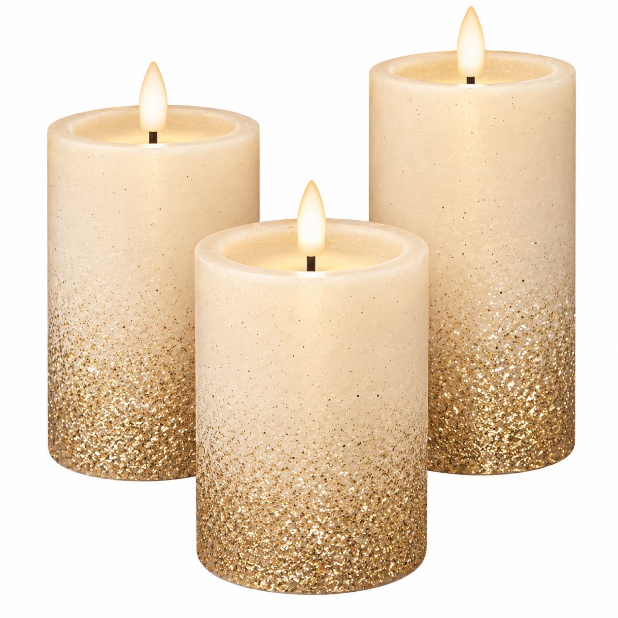 LED Pillar Candles, Gold Glitter (Set of 3)